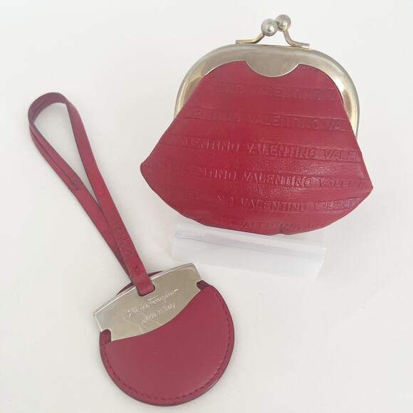 FERRAGAMO Red Leather Bag Charm & VALENTINO Vintage Coin Kiss Lock Pouch - Picture 1 of 11